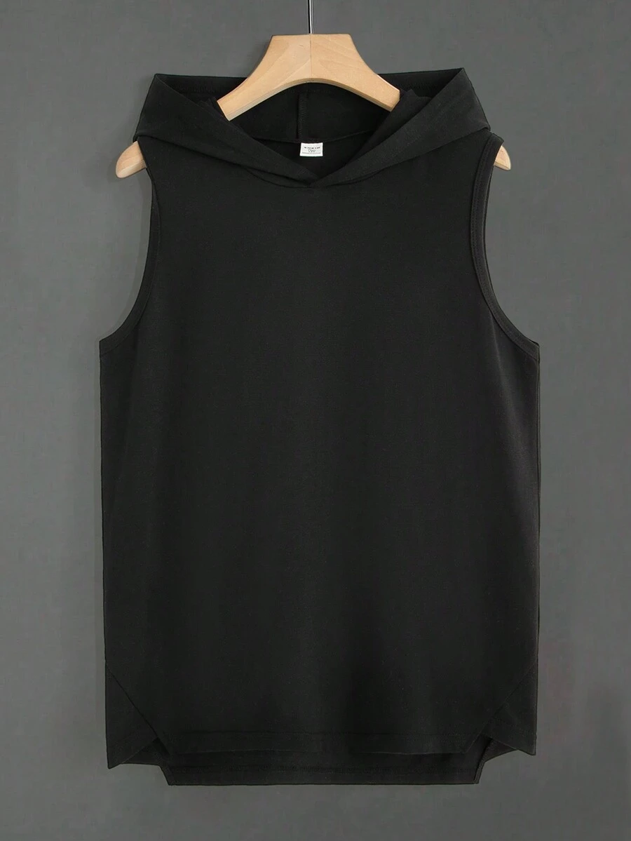 Teen Boy Simple Casual Solid Color Hooded Top - Black - View 1