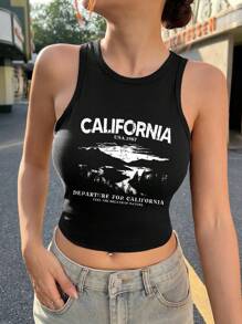 SHEIN EZwear Casual California Scenery Printed Crop Top Slim Fit Sleeveless Tank Top For Women Summer Back To School - Black - View 4