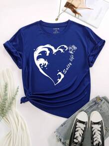 SHEIN EZwear Của phụ nữ Kích thước lớn Hình trái tim In Áo thun - Xanh đậm - Xem 1