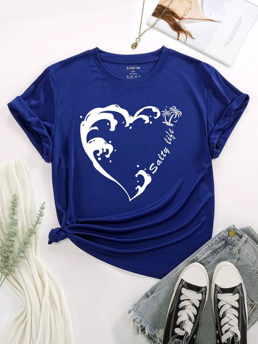 SHEIN EZwear Của phụ nữ Kích thước lớn Hình trái tim In Áo thun - Xanh đậm - Xem 1