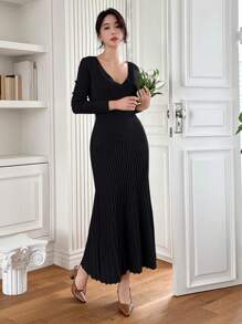 DAZY Women's Solid Color Wrap Ruffle Hem Sweater Dress,Fall Women Clothes - Black - View 2