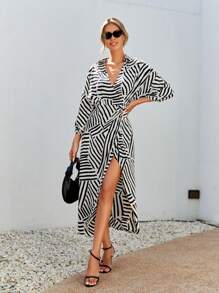 SHEIN Privé Áo choàng mặt trước In sọc Viền chia cắt Đầm - Đen và trắng - Xem 3