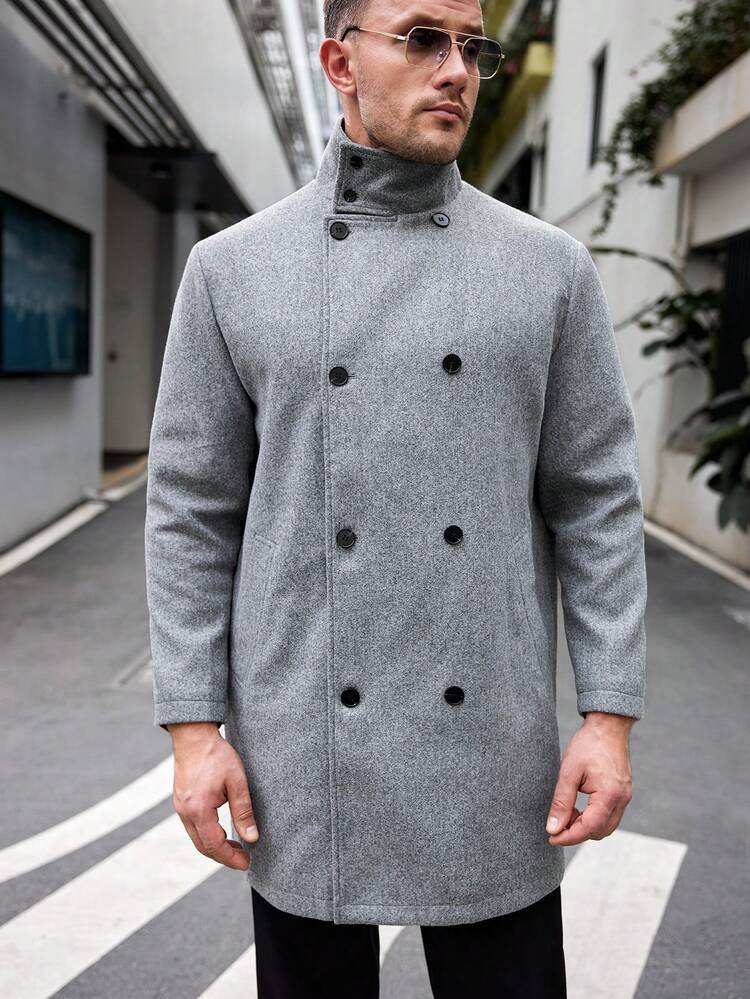 Men's Plus Size Double-Breasted Woven Casual Overcoat, For Fall Winter
