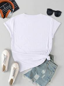 SHEIN EZwear 大尺寸卡通字母印花t恤 - 白色 - 查看 2