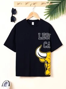 SHEIN Con trai Lỏng lẻo phù hợp Thể thao Vòng cổ Đồ họa Ngắn tay Áo thun - màu đen - Xem 1