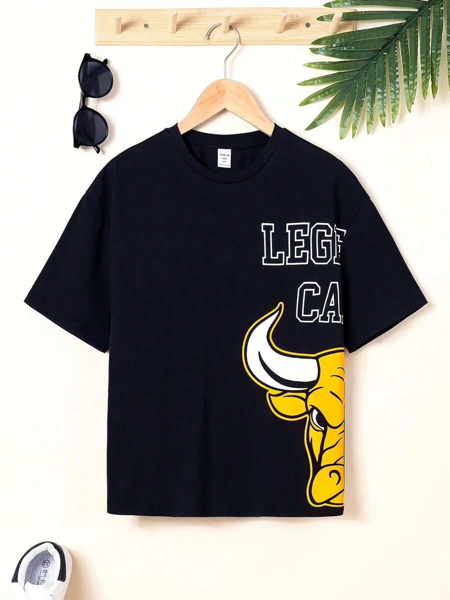 SHEIN Con trai Lỏng lẻo phù hợp Thể thao Vòng cổ Đồ họa Ngắn tay Áo thun - màu đen - Xem 1