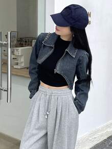 Dazy Designer Women's Zipper Front Cropped Denim Jacket