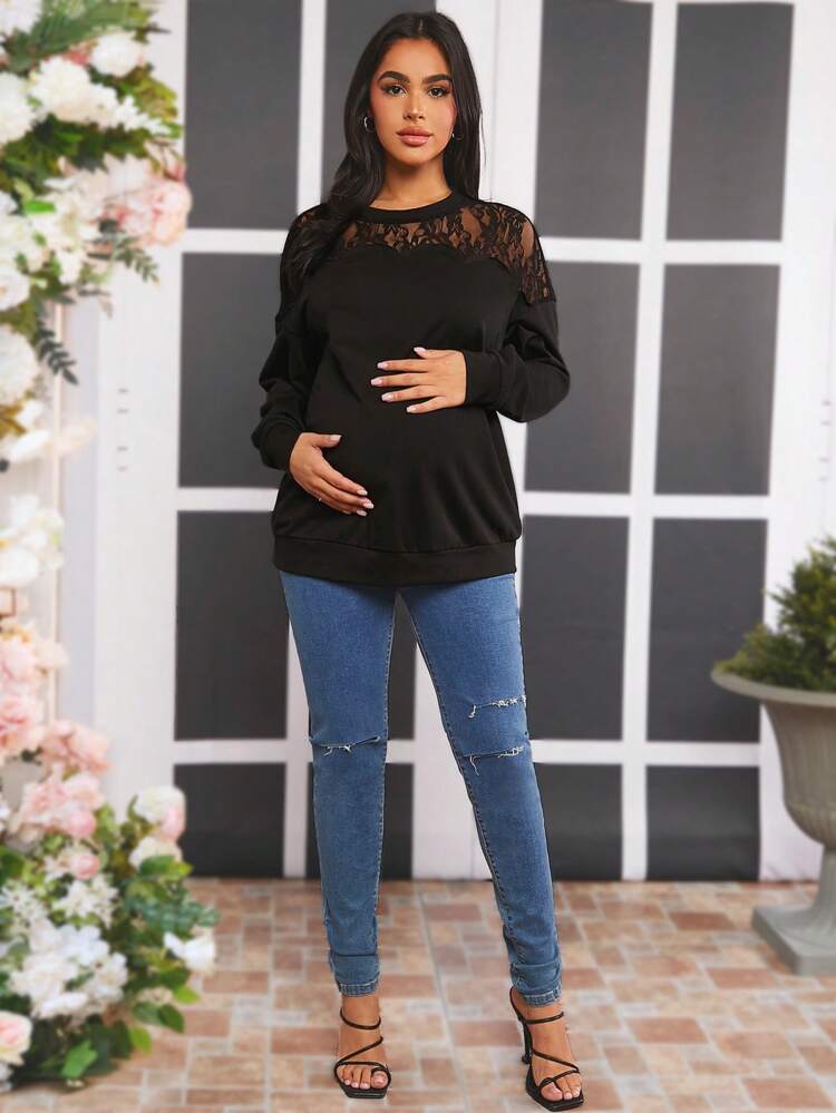 Maternity Lace Patchwork Sports Sweatshirt, For Winter