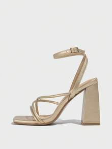 Ladies' Gold Chunky Heel High Heels With Metal Decoration, Open Toe Back Strap And Elegant Design, Suitable For Parties, Dancing, Dating In Spring And Summer - Gold - View 3