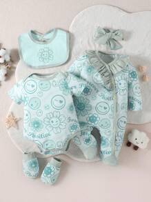 Trẻ sơ sinh Em bé Cô gái 5 cái/bộ Tươi Màu xanh lá Tay áo dài Có chân Romper Ngắn tay Romper Với Găng tay , Mũ Và Bowknot , Nhà  Mặc - màu xanh lá - Xem 1