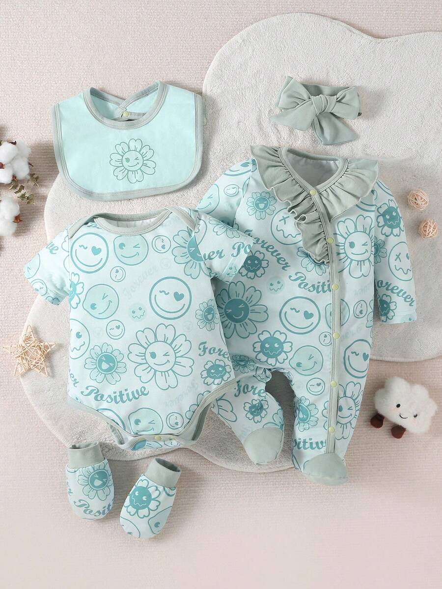 Trẻ sơ sinh Em bé Cô gái 5 cái/bộ Tươi Màu xanh lá Tay áo dài Có chân Romper Ngắn tay Romper Với Găng tay , Mũ Và Bowknot , Nhà  Mặc - màu xanh lá - Xem 1