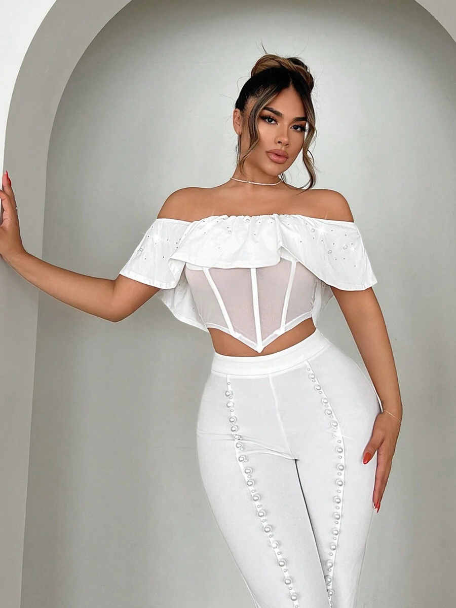 SHEIN SXY 女士纯色水钻装饰露肩网纱拼接上衣，适合生日、春季、情人节、约会等场合，白色 - 白色 - 查看 1