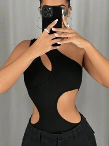 SHEIN ICON 純色中空連身衣 - 黑色 - 查看 3