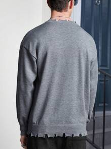 Manfinity VCAY كنزة صوفية صوفية رجالية بلون أحادي مع تشطيب متهالك على الكتف، للخريف والشتاء - رمادي غامق - مشاهدة 2