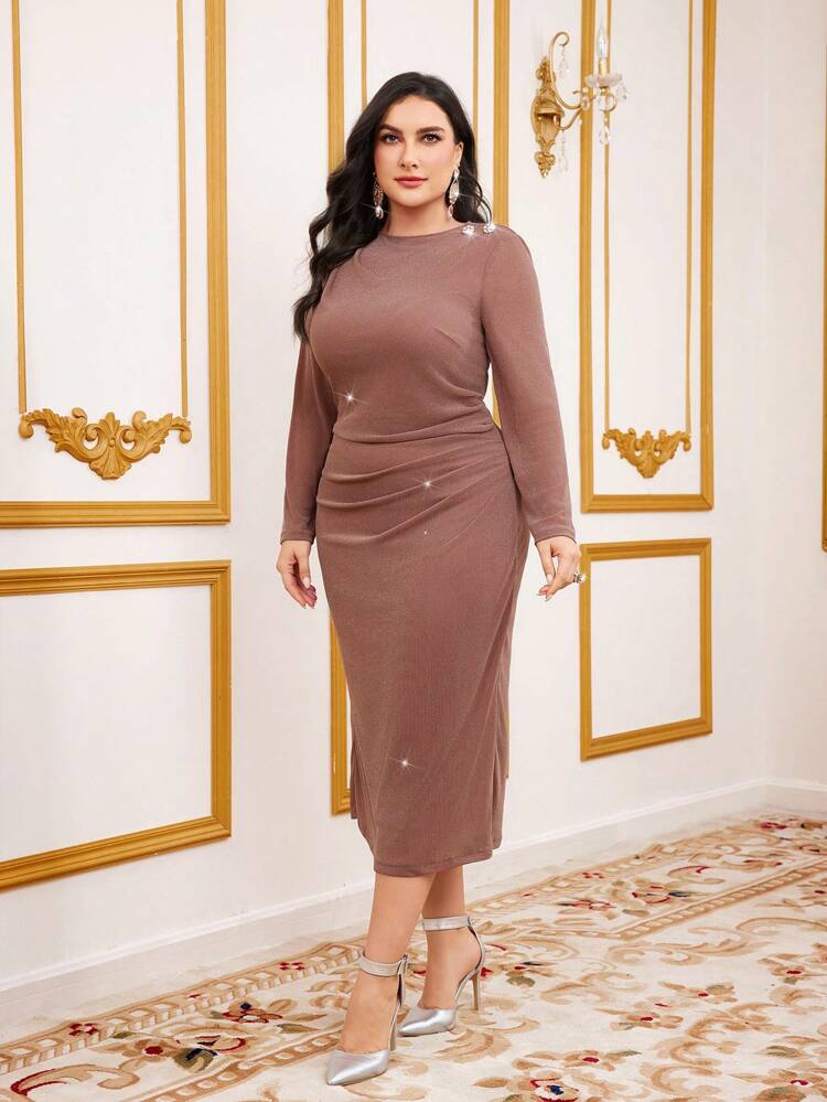 Plus Size Diamond Decorated Long Sleeve Dress Long Evening Dresses