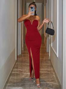 RueChic Women's High Slit Bandeau Dress - Red - View 5