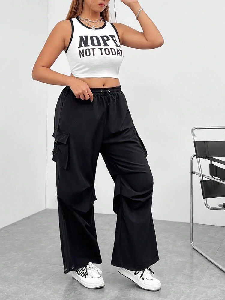 Plus Size Women's Letter Printed Vest And Overalls Set