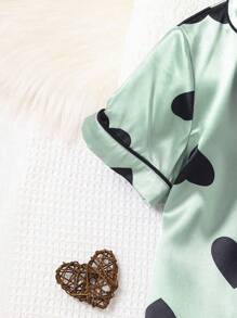 Tween Girls' Heart Printed Green Satin Shorts & Short Sleeve Cardigan With Button And Two Pockets Casual 2pcs Home Outfit - Green - View 4
