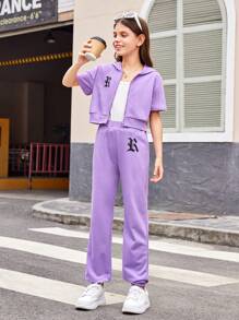 Tween Girls' Knitted Hooded Short Sleeve Sweatshirt With Letter Print And Loose Fit Knitted Tapered Pants Set