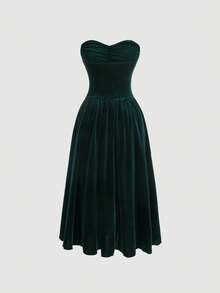 SHEIN MOD Women's Velvet Pleated Strapless Dress - Dark Green - View 2