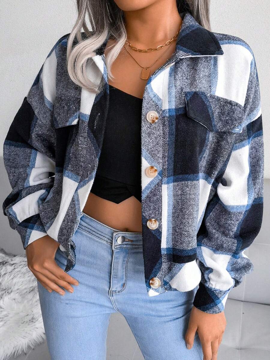 Women Fall Winter Wool Blend Checkered Lapel Jacket Coat Long Sleeve Button Front Mock Pockets Vacation Essential - Navy Blue - View 1
