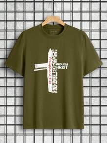 Men's Plus Size Cross & Letter Print Short Sleeve T-Shirt - Army Green - View 1