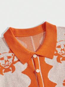 ROMWE MEN Street Life Men's Geometric Pattern Button Up Knit Top, School - Burnt Orange - View 3