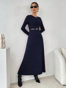 SHEIN Essnce A-Line Rib Maxi Dress - Royal Blue - View 4