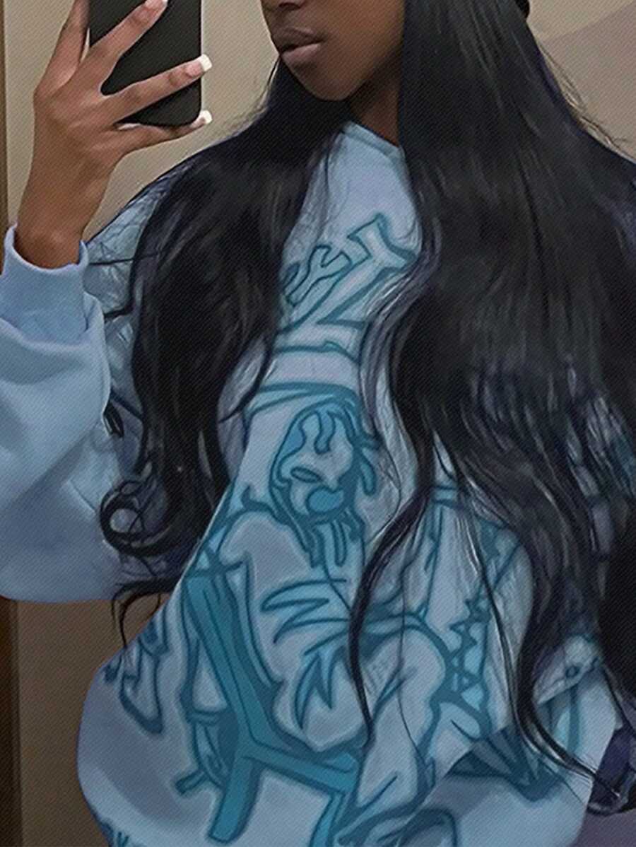 SHEIN Figure & Letter Graphic Drop Shoulder Thermal Lined Pullover,Long Sleeve Tops Fall - Baby Blue - View 1