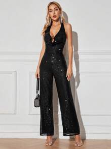 狂歡會深v領閃亮亮螢光紋鑲嵌交叉綁帶背心寬腿連體褲 - 黑色 - 查看 1