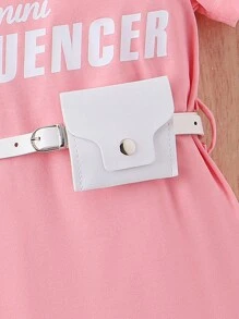 SHEIN 少女信件印花短袖裙,附配套包袋 - 粉色 - 查看 5