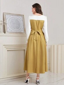 Modelyn 女性炫彩色塊連身裙,閃亮鑽石裝飾 - 黃色 - 查看 2