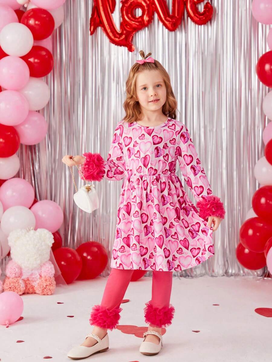 Young Girls Heart Printed Mesh Contrast Dress With Leggings, 2pcs/Set - Hot Pink - View 1