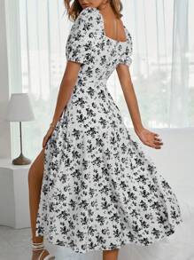 Breezaya Floral Print Puff Short Sleeve High Slit Dress Maxi Vacation Beach Outfits Women - White - View 2