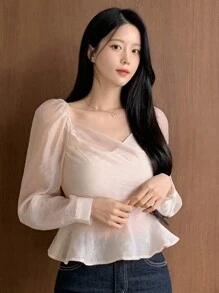 DAZY 女式甜心领口修腰长袖上衣 - 杏色 - 查看 3