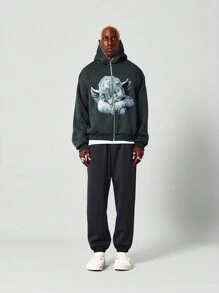 Zip Through Hoodie With Front Graphic - Dark Grey - View 3