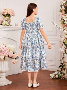 Tween Girl Square Neck Puff Sleeve Multi-Layer Ruffle Hem Floral Print Patchwork Dress