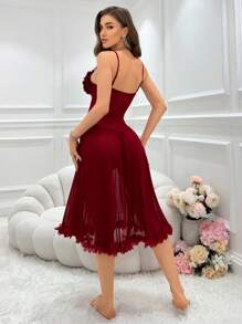 Camisón sexy de noche de malla transparente con adorno de pétalos - Burdeos - Ver 2