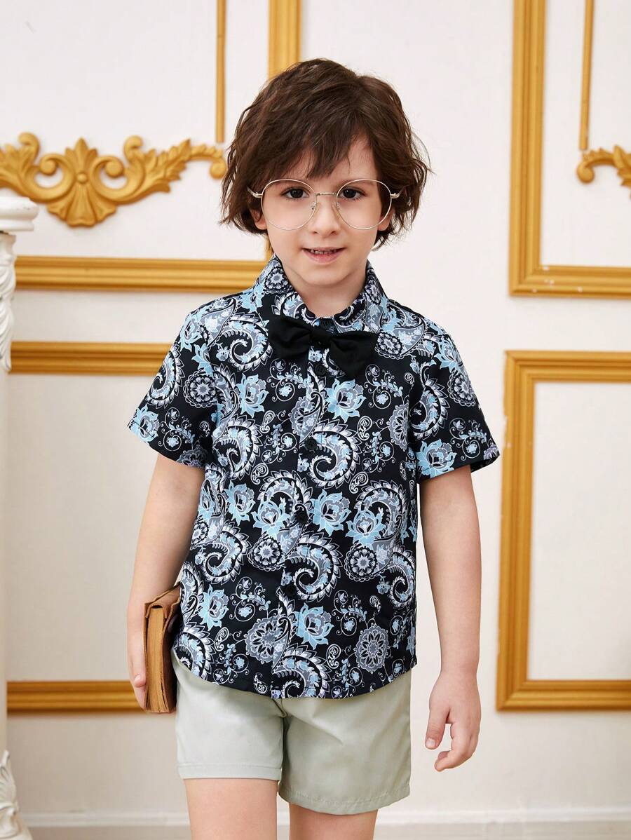SHEIN 2 Peças/conjunto Boys' Toddler Camisa De Manga Curta E Bermuda Com Estampa Paisley, Street Style Casual E Desportivo, Primavera/verão - Multicolorido - Ver 1