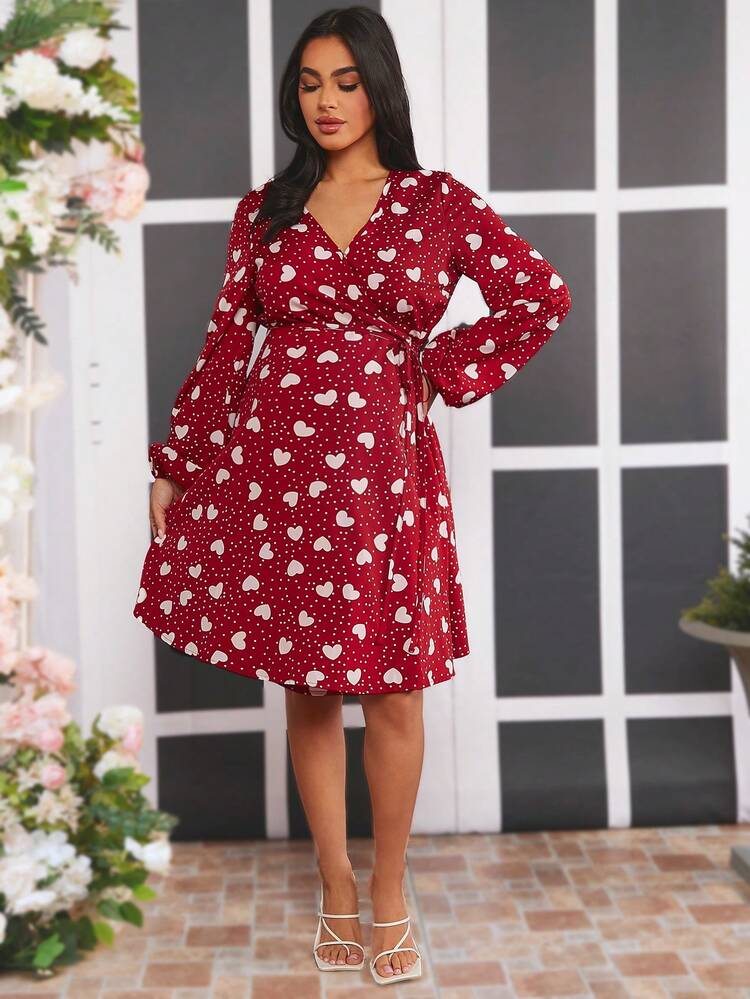 Maternity Polka Dot Print Wrap Neckline Dress With Heart Shaped Pattern