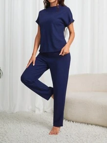 女式短袖立领上衣和裤子家居服套装 - 寶藍色 - 查看 5
