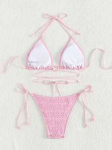 SHEIN Swim Damski komplet bikini w jednolitym kolorze Walentynkowa letnia plaża - Różowy - Zobacz 8