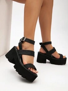 歐美風格厚底休閒涼鞋黑色寬頻時尚女鞋大尺碼高跟鞋 - 黑色 - 查看 2