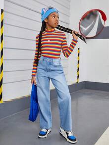 青少女休閒針織彩虹條紋長袖上衣,適合日常穿著 - 彩色 - 查看 3