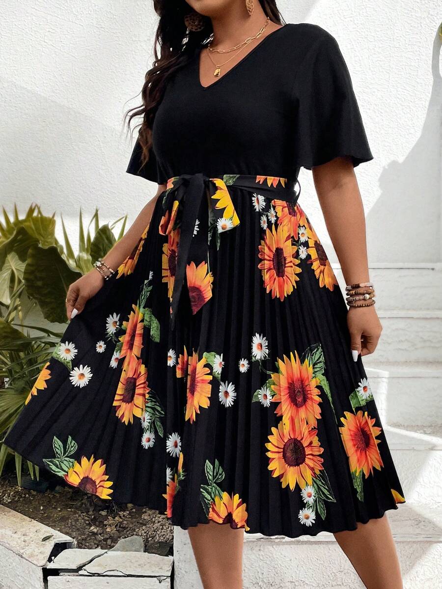 Breezaya Vestido De Talla Grande Para Mujer Con Estampado De Girasoles Y Dobladillo Con Volantes - Negro - Ver 1