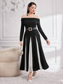 Modelyn Women's Off Shoulder Long Sleeve Colorblock Bodycon Dress Long Evening Dresses - Black and White - View 6