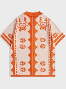 ROMWE MEN Street Life Men's Geometric Pattern Button Up Knit Top, School - Burnt Orange - View 2