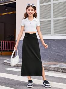 SHEIN Falda Larga De Punto Negra Con Abertura Para Chicas Adolescentes Para Vacaciones Y Ocasiones Casuales - Negro - Ver 5