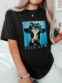 SHEIN LUNE 卡通和字母印花短袖t恤 - 黑色 - 查看 1