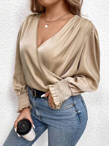 SHEIN Clasi Kích thước lớn Bọc & Xếp li Áo sơ mi - Màu be - Xem 6